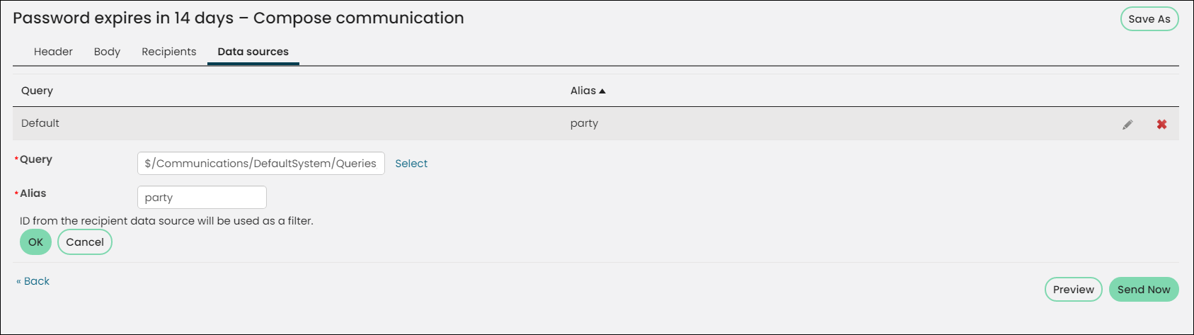 Viewing the Data Sources tab on a communication