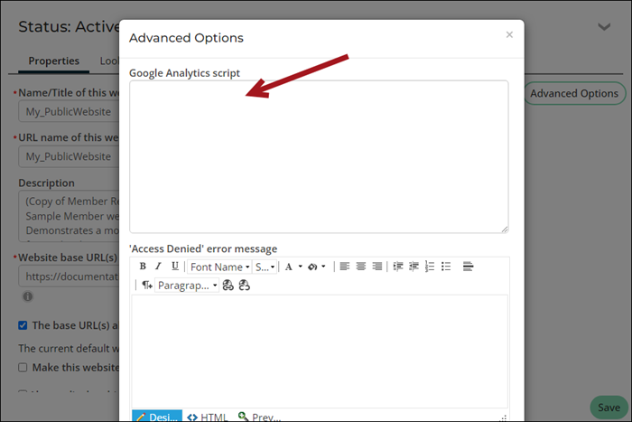 Pasting the script into the Google Analytics field