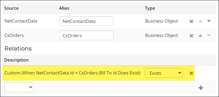 Viewing the NetContactData.ID EXISTS CsOrders.Bill To ID join