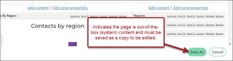 Indicating the page is out-of-the-box content and must be saved as a copy to be edited