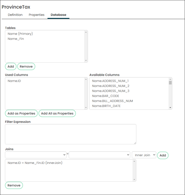 Viewing the database tab