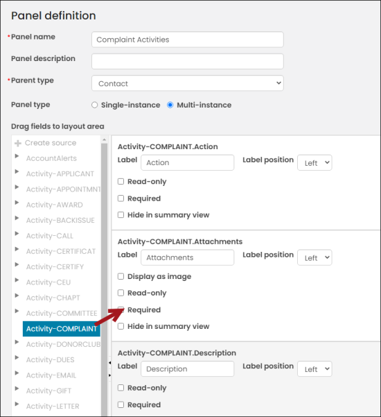 Dragging activity properties to the panel layout area