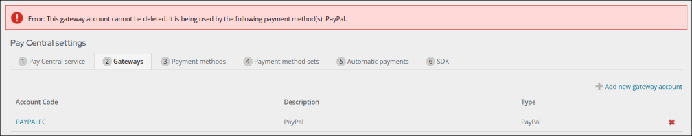 Viewing error message about deleting an in use gateway account