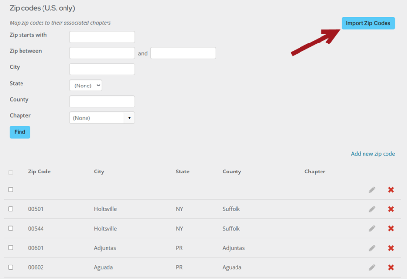 Clicking Import Zip Codes