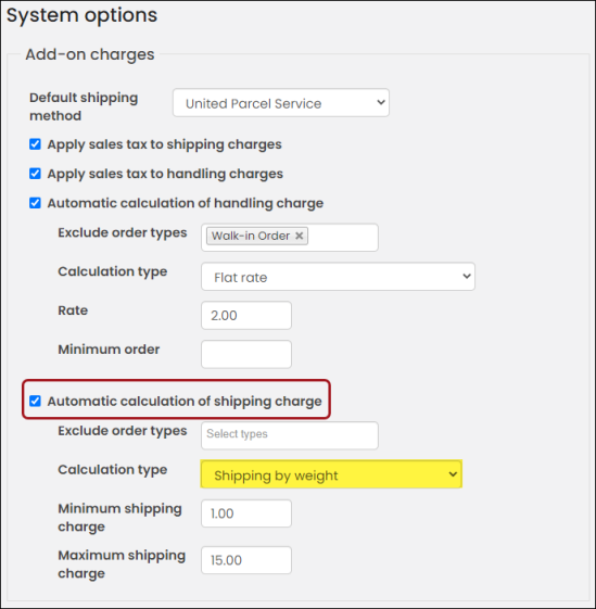 Enabling Automatic calculation of shipping charge in System options