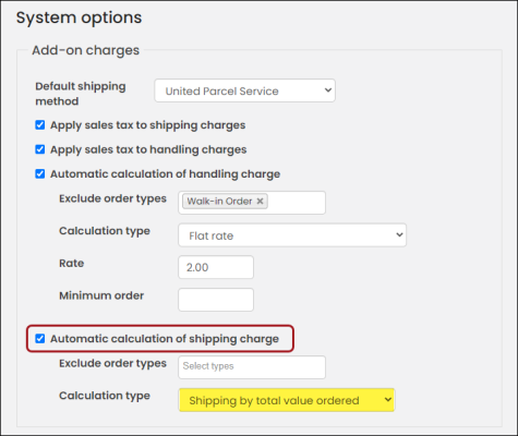 Enabling Automatic caluclation of shipping charge under System options