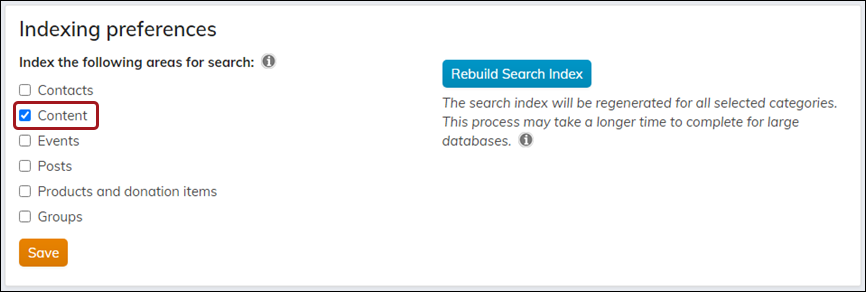 Enabling Content for search under Indexing Preferences