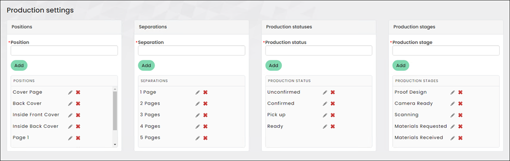 Update the Production settings to define what values appear on the production details.