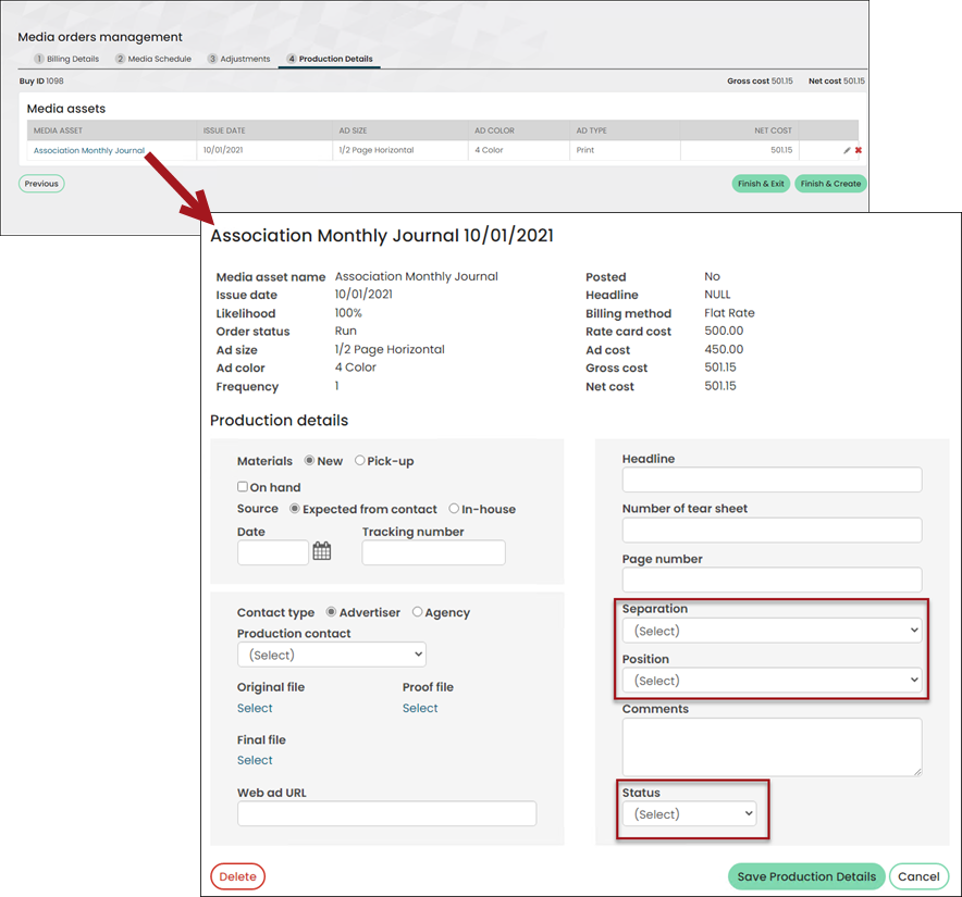 Select the name of the Media asset to open the Production Details page.