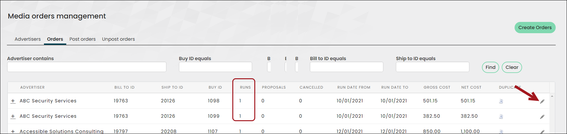 The Runs column indicates an order confirmed to run. The edit icon is on the far right of the pane.