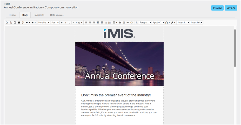 Composing the body of the Annual Conference Invitation communication