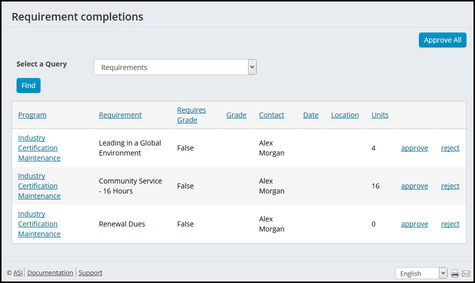 Requirement completions window