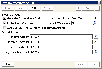 Inventory System Setup window