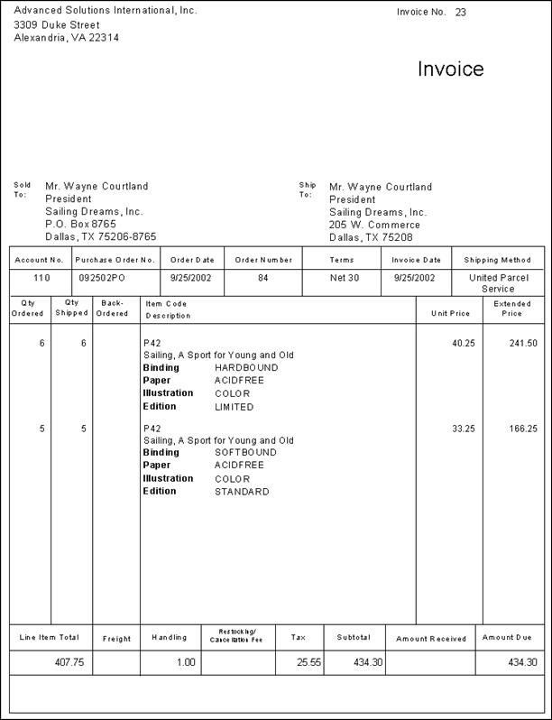 Example of an order Invoice. 