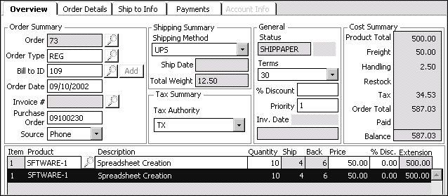 Example of a partially shippable order before invoicing when the Ship Partial, Cancel Backorders option is enabled