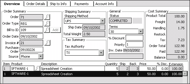 Example of a partially shipped order after invoicing.