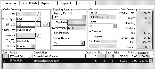 Example of a partially shippable order with full payment before invoicing